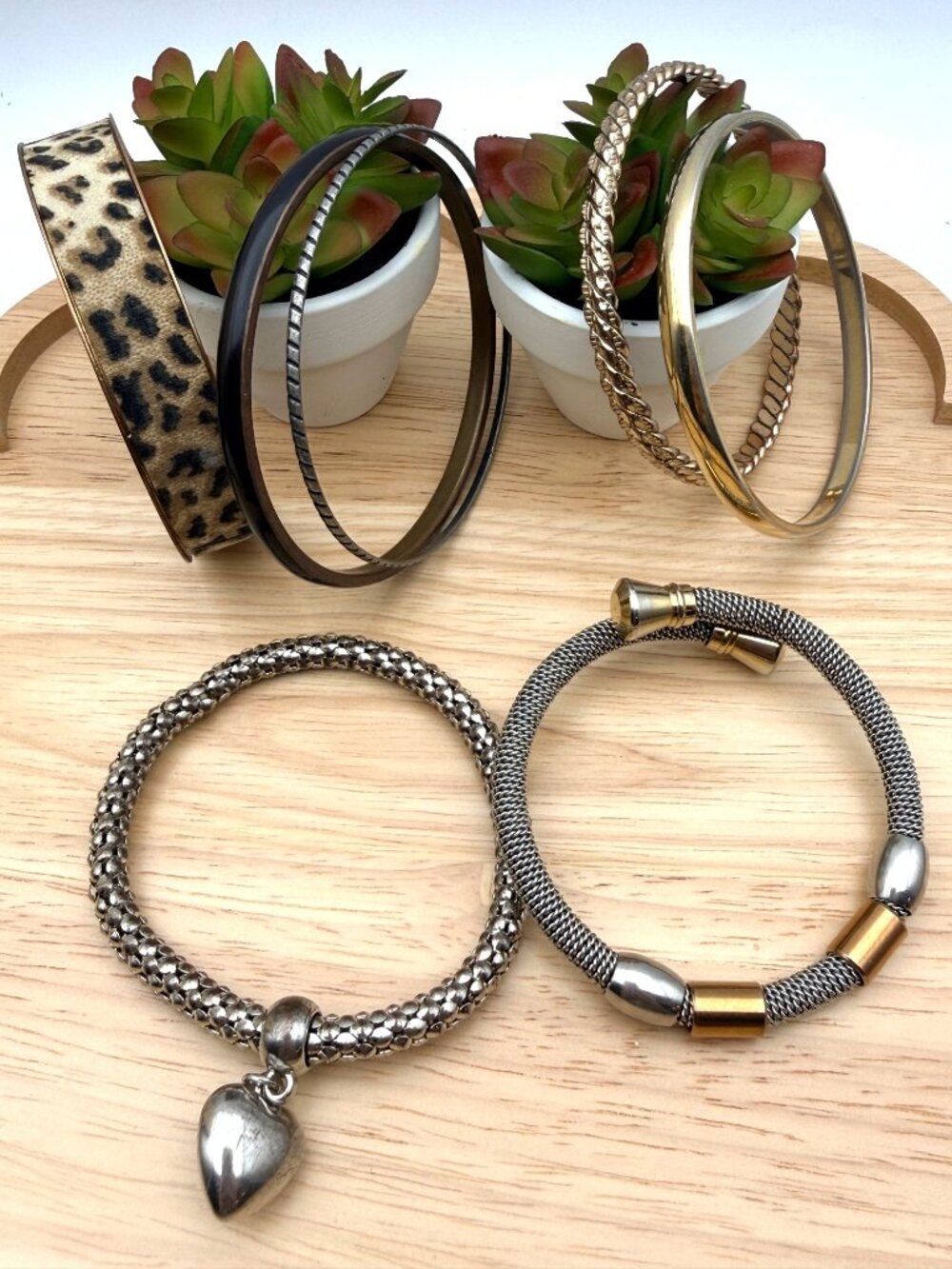Bangle & Bracelet Lot of 7 Silver Gold Tone Heart Leopard Print Mixed Metals